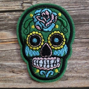 Sugar Skull Green Day Of The Dead Horror Gothic Halloween Patch - Picture 1 of 2