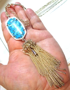 KENDRA SCOTT Signed, Gold Tone, Large Turquoise Stone Tassel Pendant Necklace. - Picture 1 of 5