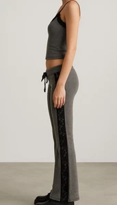 Bebe Sport Y2K Wide Leg Gray Lounge Pants Lace Trim Drawstring Small USA Made - Picture 1 of 11