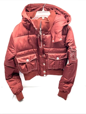 True Religion Shortie Puffer Hooded Jacket Maroon Zip/Button Women SZ S NEW Tags - Image 1 of 4