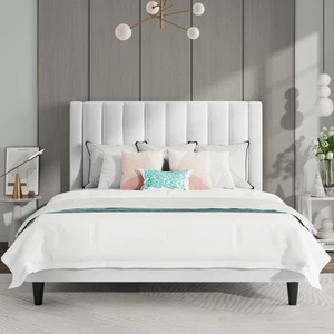 Full Bed Frame/Velvet Upholstered Platform Bed Frame with Headboard/Strong Wo... - Picture 1 of 8