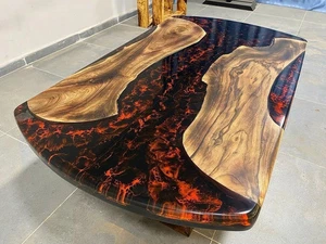 Dark Walnut Lava Epoxy River Table | Black Red Resin Dining & Coffee Table - Picture 1 of 13