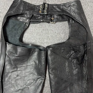 Barneys Genuine Leather Black Motorcycle Chaps XL Adjustable Belt Zip Up Legs - Picture 1 of 13