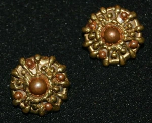 ELEGANT BRUTALIST COUTURE COPPER SILVER & GOLD TONED METAL FORGED CLIP EARRINGS - Picture 1 of 12
