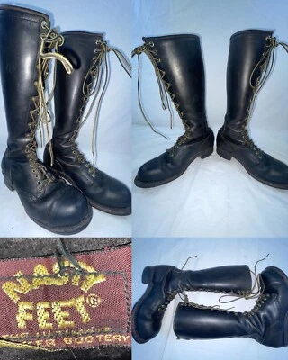 BOTAS ALTAS CON CORDONES DE MOTOCICLISTA DE COLECCIÓN AÑOS 70 80 PARA HOMBRE 9,5 CUERO NEGRO PIES DESAGRADABLES Foto 1 de 4