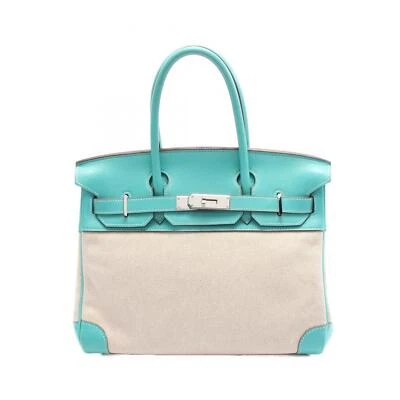 HERMES Birkin 30 Hand bag L Toile officier Swift leather Lagon Ecru Used SHW - Image 1 of 4