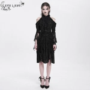 Abito donna Eva Lady nero gotico con perline spalle scoperte manica svasata coulisse - Foto 1 di 21