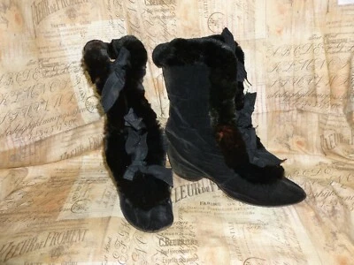 Botas de Carruaje Antiguas/Botas Eduardianas Victorianas Zapatos de Piel de Terciopelo Negro Botas  Foto 1 de 4