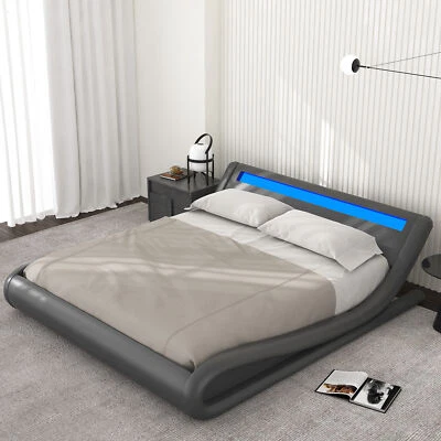 Cama Plataforma Moderna Tapizada Sifurni King Size con Cabecero Luces LED, Gris Foto 1 de 4