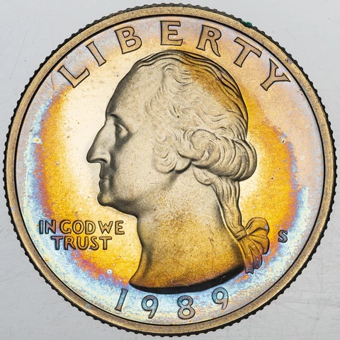 1989-S U.S 1/4 DOLLAR WASHINGTON QUARTER PROOF UNIQUE TONED ORANGE BLUE COLOR BU Cover