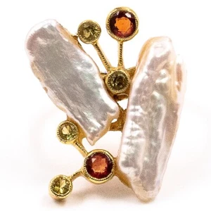 0.84ctNatural Red and Yellow Sapphire Pearl Ring 925 Sliver in Gold Plated Size6 - Picture 1 of 6