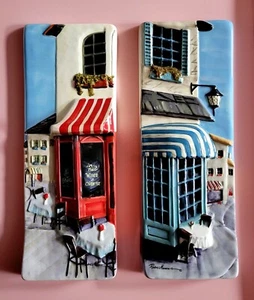 2 Ruane Manning Ceramic 12" Wall Plaques Signed Sidewalk Café Red & Blue - Picture 1 of 24