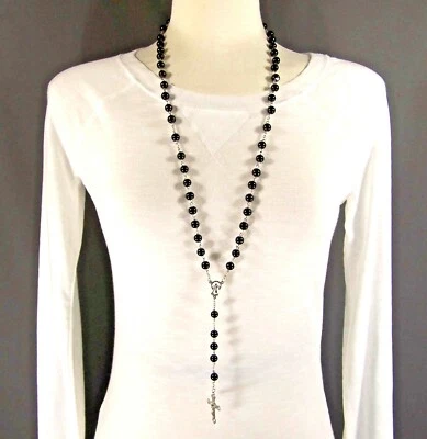 Collar largo cruz plata rosario cuentas cristal imitación perla negro 30" Foto 1 de 4