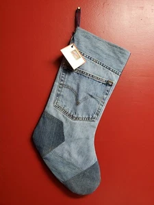 Medias de Navidad Hechas a Mano Completamente Forradas 20" Azul Jean Denim Bolsillo Trasero Reciclado - Imagen 1 de 7