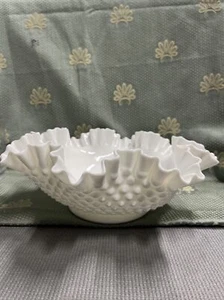 Vintage Milk Glass 12” Serving Bowl Ruffled Rim Hobnail Crimped Footed - Picture 1 of 4