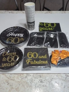 60th Happy Birthday Party Plates Napkins Silverware Cups Balloons Tablecloth - Picture 1 of 15