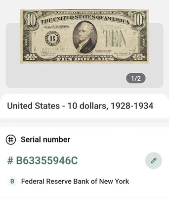 1934 a Ten Dollar Federal Reserve Note New York Green Seal. Rare. - Image 1 of 4