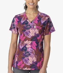 NWT Carhartt Scrub Top. Woman’s V-Neck Short Sleeve Purple Leaf Print. Medium - Picture 1 of 1