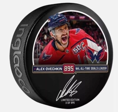 Alex Ovechkin Washington Capitals SIGNED 895th Goal Hockey Puck LE In Hand - Image 1 of 4