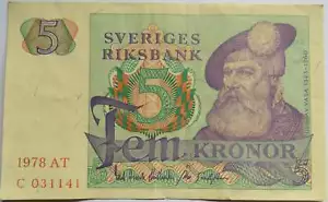 1978 Sweden 5 Kronor Banknote - Picture 1 of 2