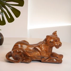 Wooden Cat Sculpture 13x7x7 – Hand-Carved Solid Wood Feline Decor, NEW - Picture 1 of 6