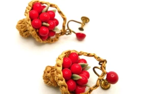 Antique Vintage Red Fruit & Wicker Basket Earrings - Picture 1 of 2