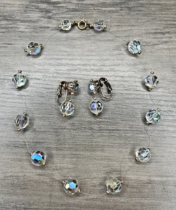 AB Crystal Floating Illusion Invisible Station Necklace & Clip Earrings Set VTG - Picture 1 of 11