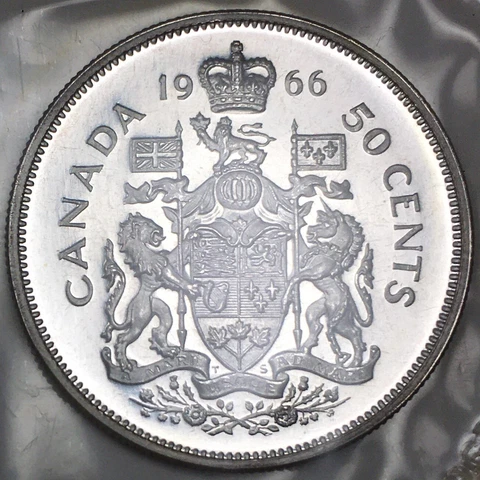 1966 Canada 50 Cents 80% Silver - (UNC) in Mint Cello KM#63 - CA50C66 Cover