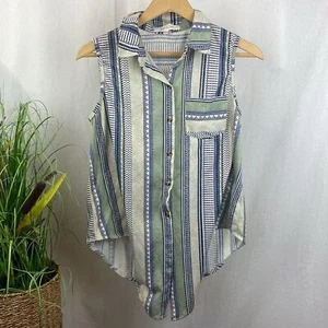 Eden & Olivia Tan Blue & Green Striped Print Sleeveless Tie Waist Button Top M - Picture 1 of 4