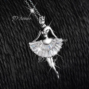 18K WHITE GOLD GF CLEAR CRYSTAL PENDANT BALLET GIRL PRINCESS CROWN NECKLACE - Picture 1 of 3