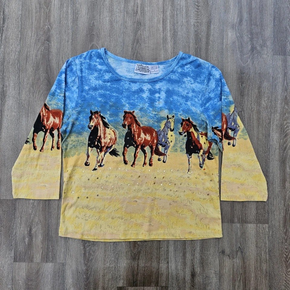 Top manga larga vintage años 90 Y2K caballos bling gráfico para mujer talla L 100 % algodón Foto 1 de 4