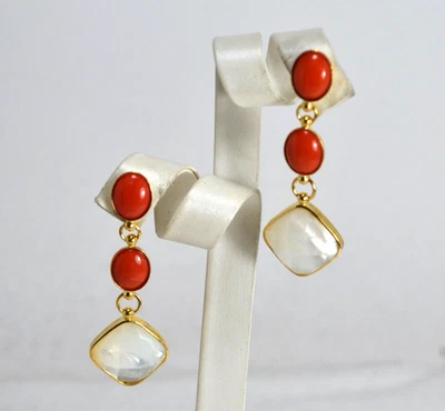 ORECCHINI  ARGENTO 925 DORATO MADREPERLA CORALLO ROSSO OVALI 8 x 10 mm AGHT 0976 - Immagine 1 di 3