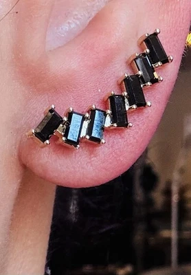 Highest Quality Ear Climbers Retro Vibes Black Rectangles Cz Yellow Gold Filled - Image 1 of 4