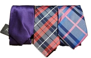 Hi- Tie Set of 3 Men's Silk Hand Tailored Neckties- Purple Red Plaid Blue Plaid - Picture 1 of 20