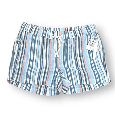 Nuevo con etiquetas Pantalones Cortos Caslon Mezcla de Lino Rayas Talla XL Cintura Elástica Azul Blanco Naranja Foto 1 de 4