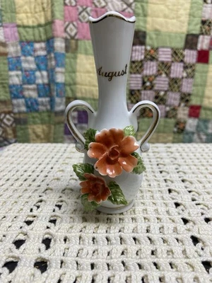 Jarrón de cumpleaños vintage agosto blanco cerámica decoración floral pequeño Foto 1 de 4