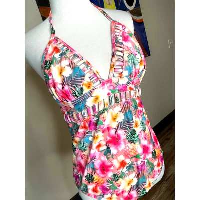 OP Traje de Baño de Una Pieza Tropical Rosa Coral Enrejado Borde Grande Espalda Abierta Natación Foto 1 de 4