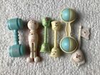Vintage 1950s Plastic Baby Rattles - Dual Shakers, 1 Rolling, 1st Years Lot Of 6