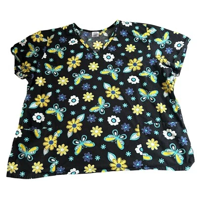 Scrub Top Womens Size 2X Black Flower Butterfly Short Sleeve Work Shirt - Image 1 of 4