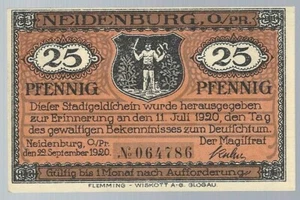 Emergency money - city of Neidenburg / opr.(today Nidzica in Poland) - 25 Pf. - 1920 - RARE - Picture 1 of 2