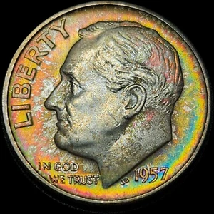 Neon Monster Toned 1957-D Roosevelt Silver Dime- MS63 FSB ANACS - Picture 1 of 7