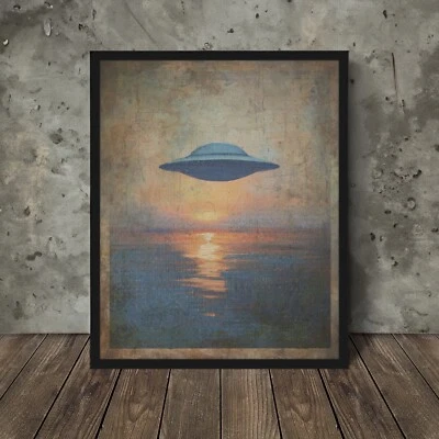 Retro UFO SUNSET LAKE Wall Art, Celestial Alien Decor, Sci-fi Sunrise UAP Poster - Image 1 of 4