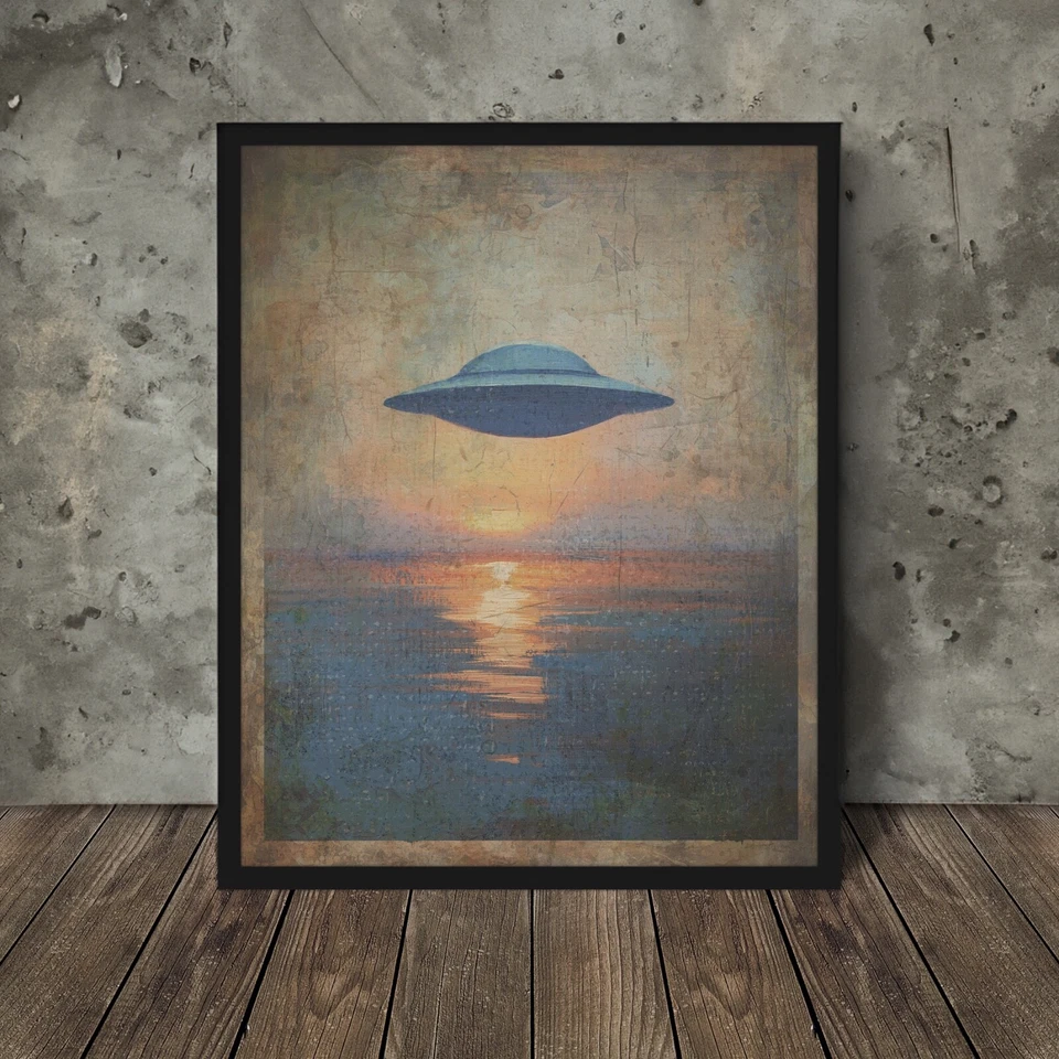 Arte de pared retro UFO SUNSET LAKE, decoración alienígena celestial, póster UAP de ciencia ficción Sunrise Foto 1 de 4