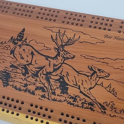 Vintage 14” Wooden Cribbage Board Deer Nature Scene Bar Harbor Maine Missing 1 - Image 1 of 4
