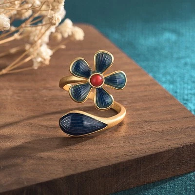 Red Jade Flower Rings Adjustable Ring Women 925 Silver Jewelry Gemstone Natural Foto 1 de 3
