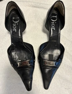 DIOR Black Leather Pointed Kitten Heels With Silver Logo Plaque  Size 40 1/2 - Picture 1 of 9