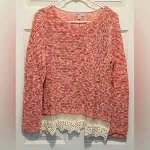 Coral/Peach Marled Open Weave Sweater With A Cream Lace Shirttail Hem Size L - Picture 1 of 6