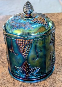 Indiana Carnival Glass Harvest Grape Canister Jar Iridescent Blue Rare Size 9" - Picture 1 of 4