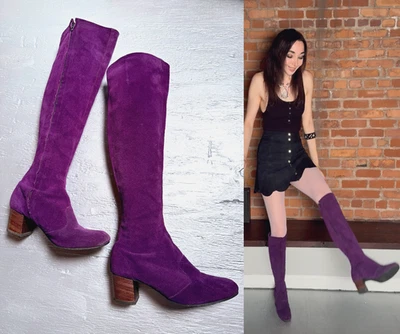 VTG 60s 70s 💜 PURPLE Over Knee GOGO US 7 💜 UK 4.5-5 MOD OTK Suede Hippie Boots - Image 1 of 4