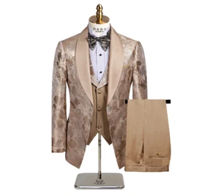 Men's Champagne Suit Floral Shawl Lapel Single Breasted Business Two Piece New - Picture 1 of 5